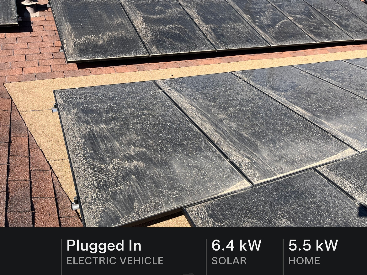 The image displays an array of dirty solar panels on a roof. On the right side of the image, there are labels indicating “6.4 kW SOLAR” for the solar input and “5.5 kW HOME” referring to the home energy consumption